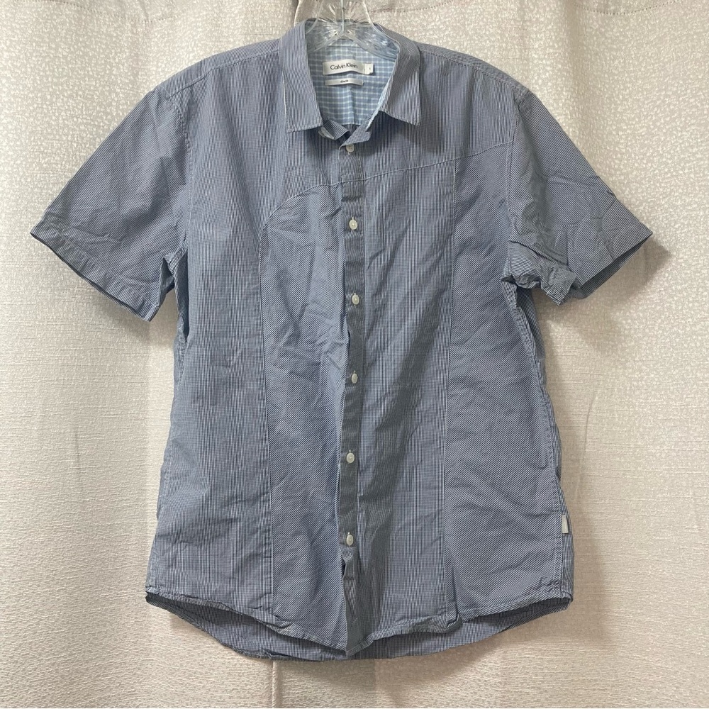 Calvin Klein Men's Button Down Shirts Short Sleeve Casual Blue Slim Fit Size L
